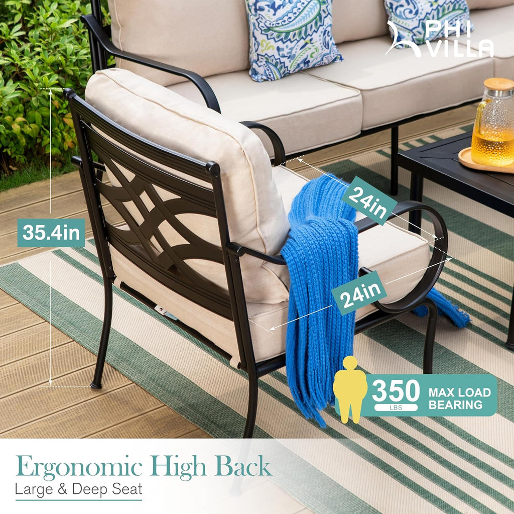 PHI VILLA Outdoor Patio Sofa Chairs Set of 2, Metal Patio Furniture Armchair,Heavy Duty Outdoor Sofas with 5.5' Thicken Cushions(Outdoor Sofa Complementary Set)