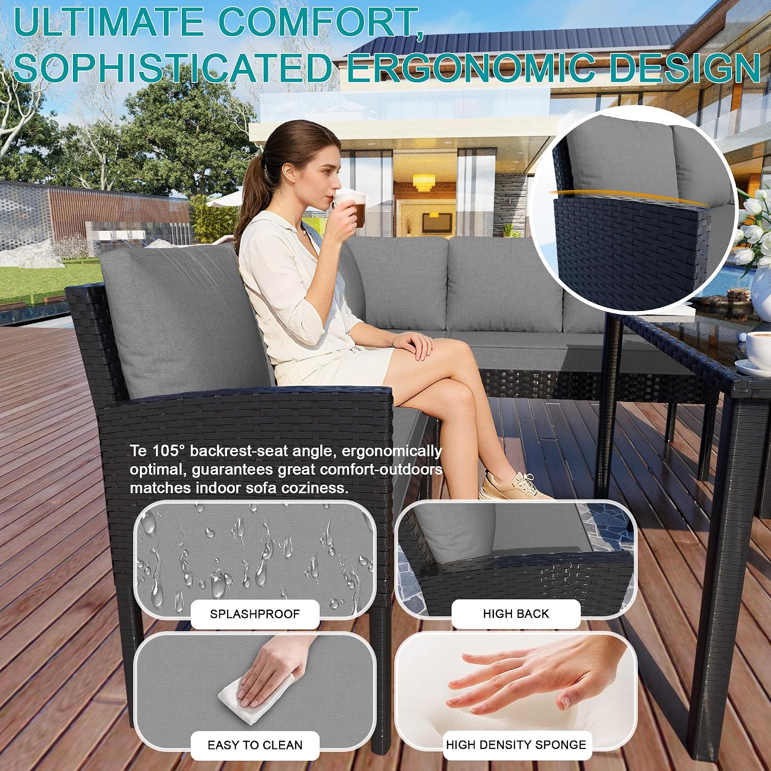 7-Piece Patio Furniture Set, Outdoor Conversation Set with Dining Table & Ottomans, PE Rattan Sofa Set with Throw Pillows and Cushions for Deck Yard Poolside, Gray