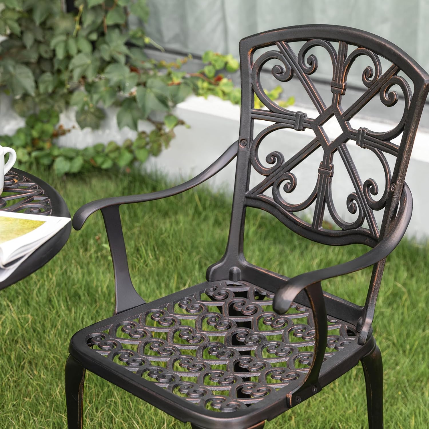 NUU GARDEN 3 Piece Outdoor Bistro Set Cast Aluminum Bistro Table Set Patio Table and Chairs with Umbrella Hole for Backyard, Balcony, Front Porch, Black