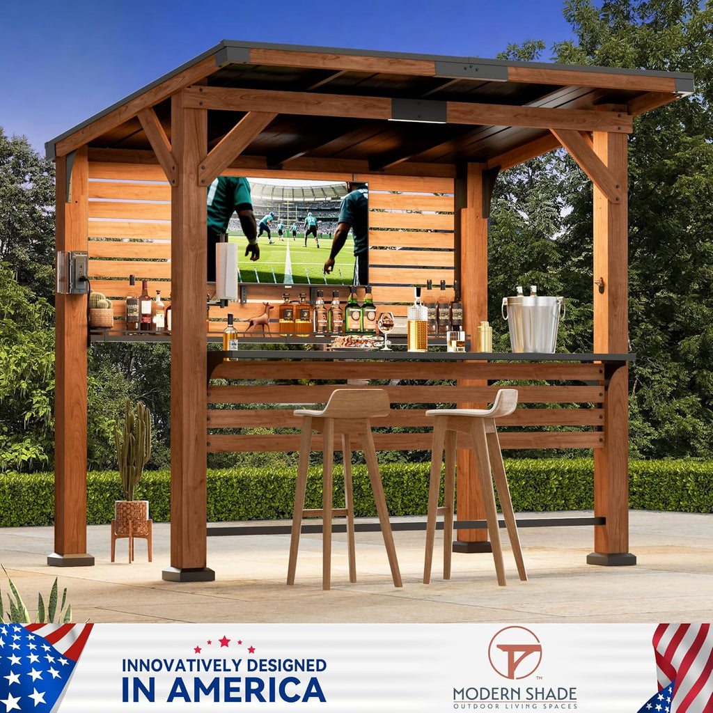 Modern Shade The Aura Cedar Wood Entertainment Bar Center, Wood Gazebo Grill Pavilion with Shelves & Paper Towel Holder, Grill Gazebo with Hardtop Steel Roof,TV Mount, Power Strip for Patio, Garden