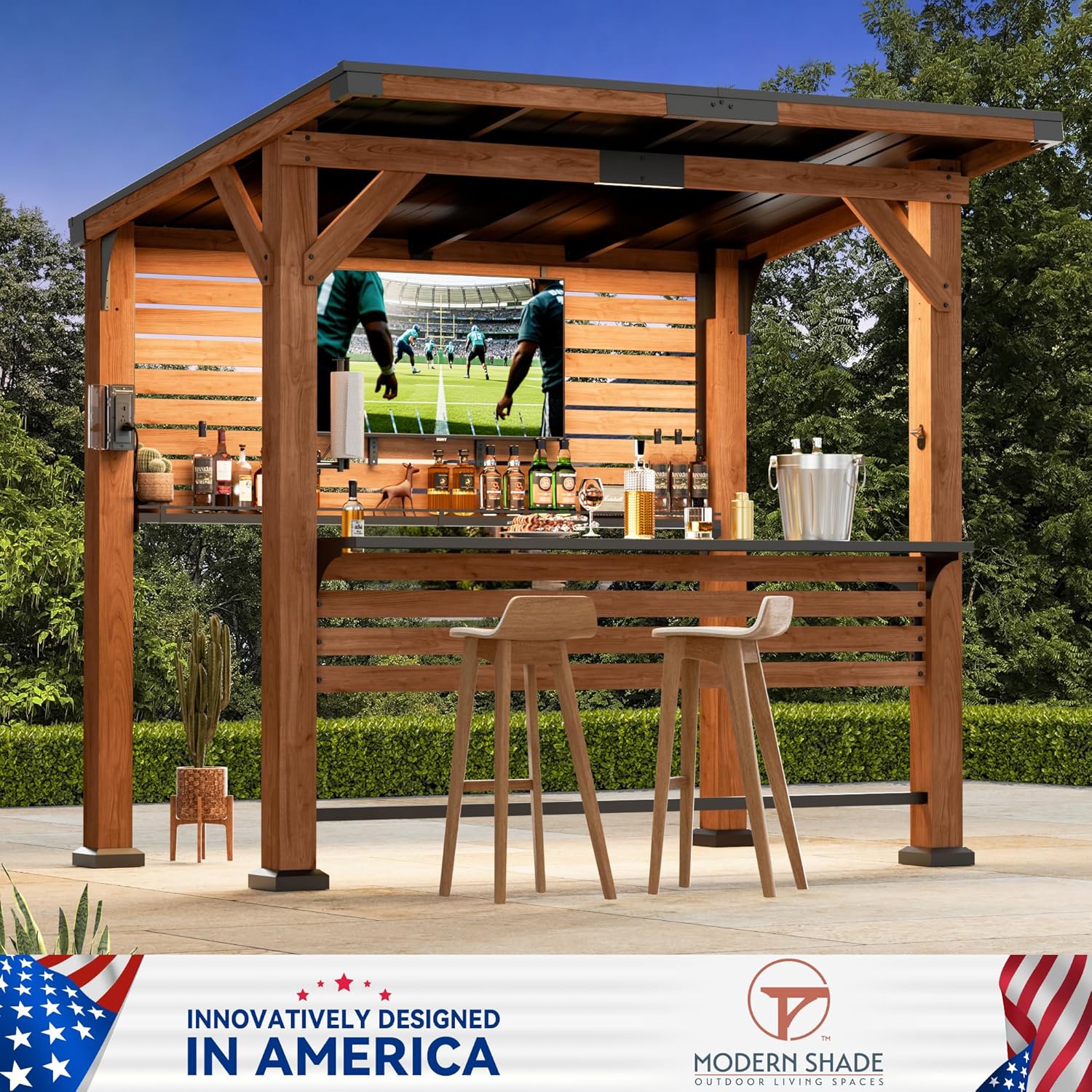 Modern Shade The Aura Cedar Wood Entertainment Bar Center, Wood Gazebo Grill Pavilion with Shelves & Paper Towel Holder, Grill Gazebo with Hardtop Steel Roof,TV Mount, Power Strip for Patio, Garden