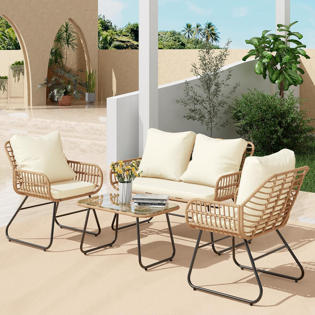 LEX CRAFT 4-Piece Wicker Outdoor Patio Furniture Set with Cushions & Tempered Glass Table, All-Weather Rattan Bistro Set with Loveseat Chairs Table Soft Cushions for Garden, Porch, Backyard (Beige)