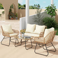 LEX CRAFT 4-Piece Wicker Outdoor Patio Furniture Set with Cushions & Tempered Glass Table, All-Weather Rattan Bistro Set with Loveseat Chairs Table Soft Cushions for Garden, Porch, Backyard (Beige)
