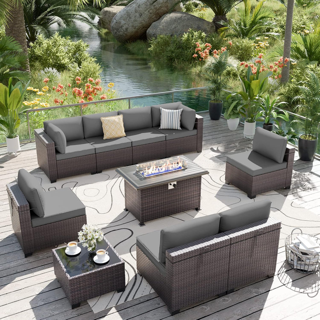 ALAULM 10 Pieces Patio Furniture Set with Propane Fire Pit Table Outdoor Sectional Sofa Sets Patio Furniture 43' Gas Fire Pit Brown PE Rattan Patio Conversation Set w/8 Seat Cushions (Grey)