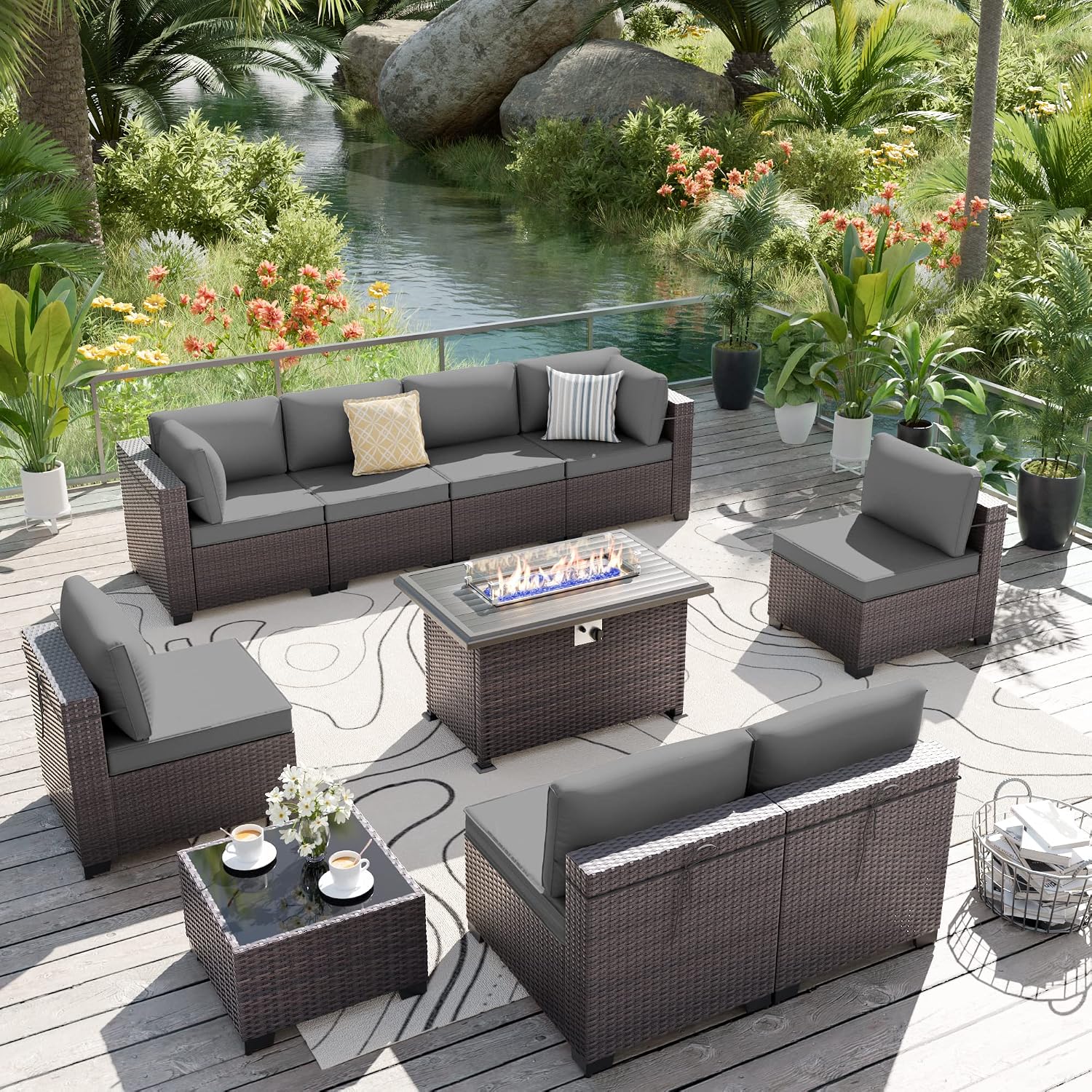 ALAULM 10 Pieces Patio Furniture Set with Propane Fire Pit Table Outdoor Sectional Sofa Sets Patio Furniture 43' Gas Fire Pit Brown PE Rattan Patio Conversation Set w/8 Seat Cushions (Grey)