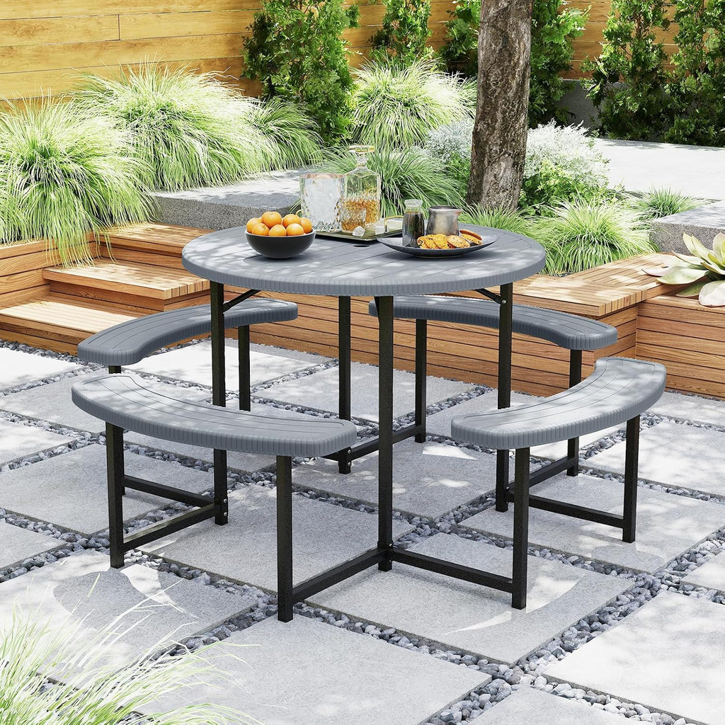 Giantex Picnic Table Bench Set for 4-8 Person, Round 37' Outdoor Dining Table w/Umbrella Hole, HDPE Tabletop, Metal Frame, Patio Furniture Set for Backyard Porch Lawn, 1400lb Capacity (Gray,Round)