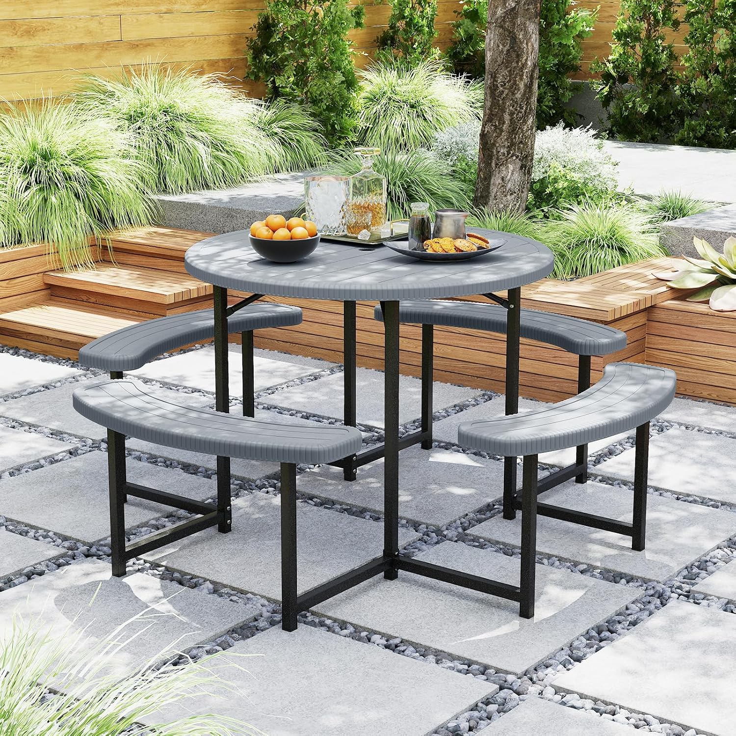 Giantex Picnic Table Bench Set for 4-8 Person, Round 37' Outdoor Dining Table w/Umbrella Hole, HDPE Tabletop, Metal Frame, Patio Furniture Set for Backyard Porch Lawn, 1400lb Capacity (Gray,Round)