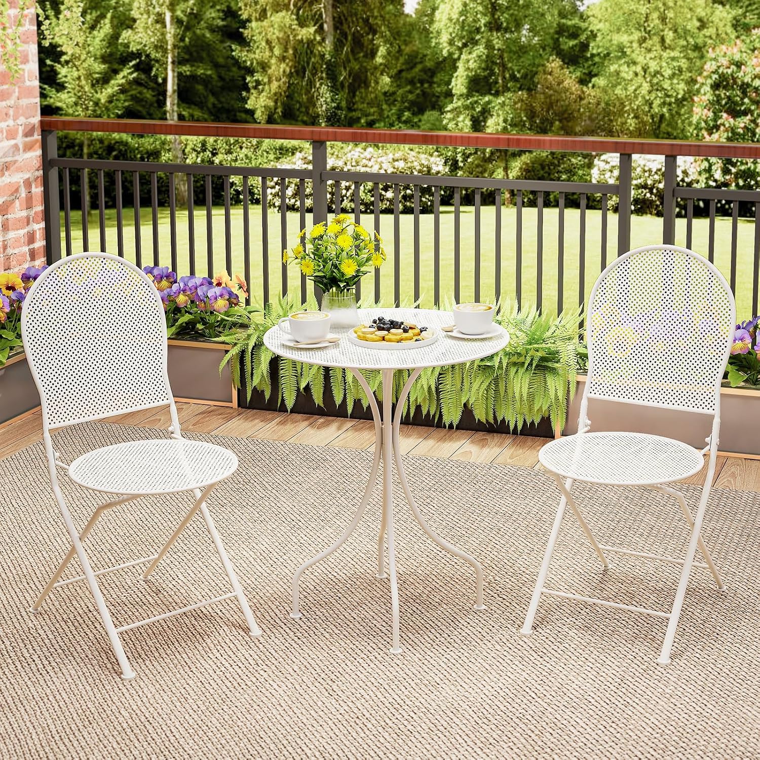 Tangkula 3 Pieces Patio Bistro Set, Metal Table and Folding Chair Set for 2, Outdoor Garden Furniture Set with Round Table & 2 Folding Chairs, Indoor Outdoor Bistro Set for Garden, Yard, Porch (White)