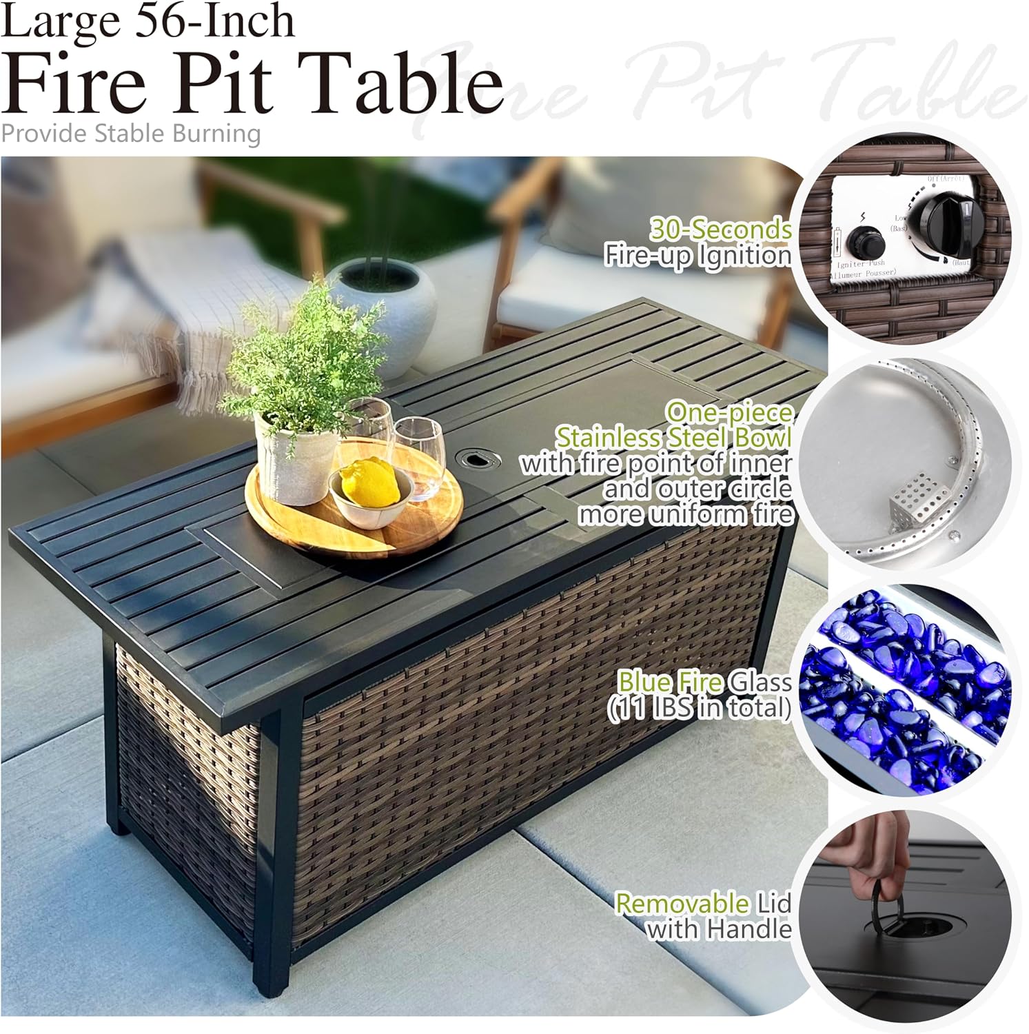 Sophia & William Large Outdoor Patio Furniture Set with Fire Pit Table High Back 9PCS Wicker Patio Sectional Sofa Conversation Set with 56' Fire Table, Ottoman & 4' Thick Cushions,Beige