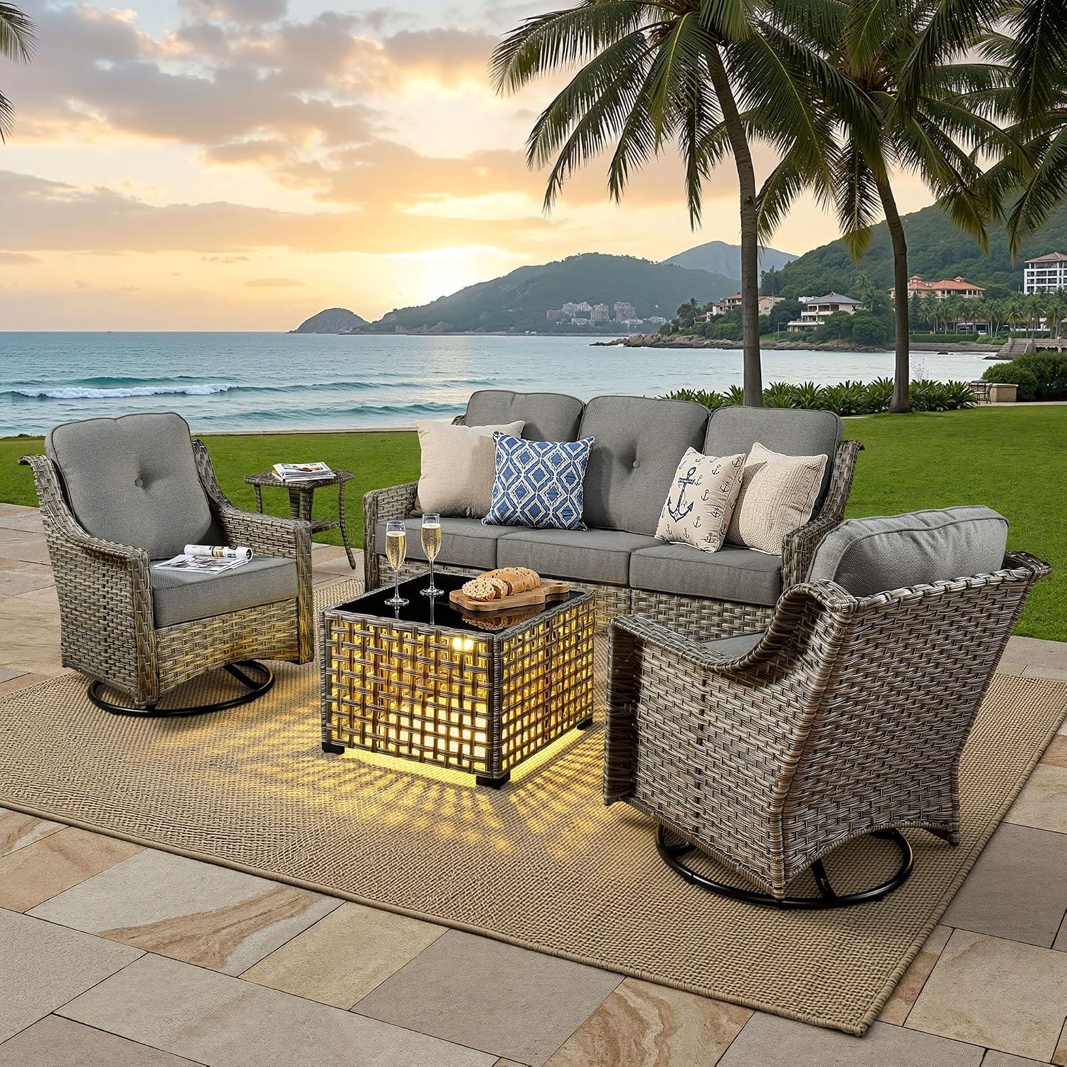 ovios 5 Piece Outdoor Patio Furniture with 3 Seat Sofa,Rattan Wicker Coversation Set with Swivel Rocking Chair,Balcony Sofa Set with Shiny Table for Outside Porch Backyard Pool, Dark Grey