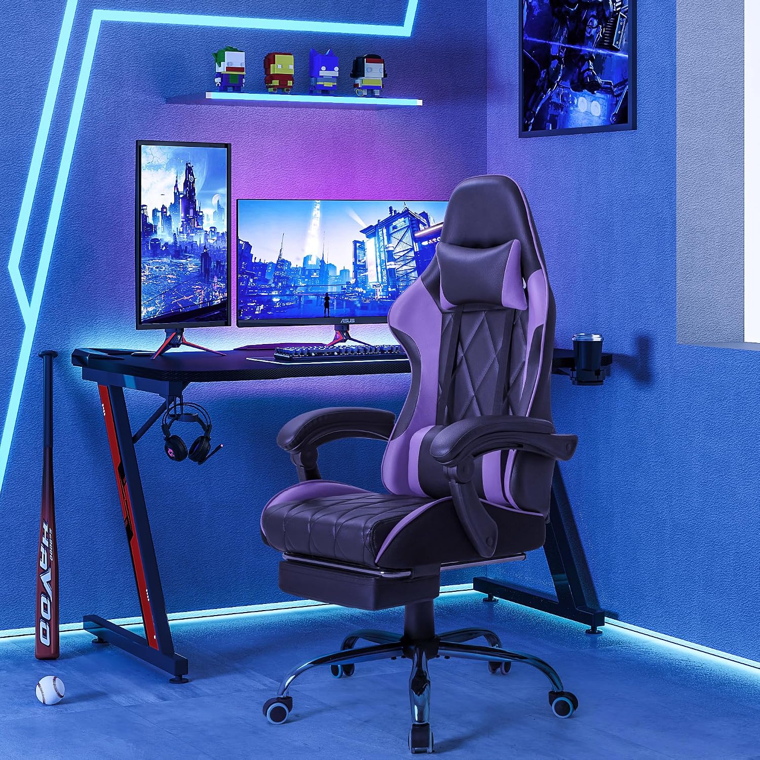 Homall Gaming Chair, Computer Chair with Footrest and Massage Lumbar Support, Ergonomic High Back Video Game Chair with Swivel Seat and Headrest (Purple)