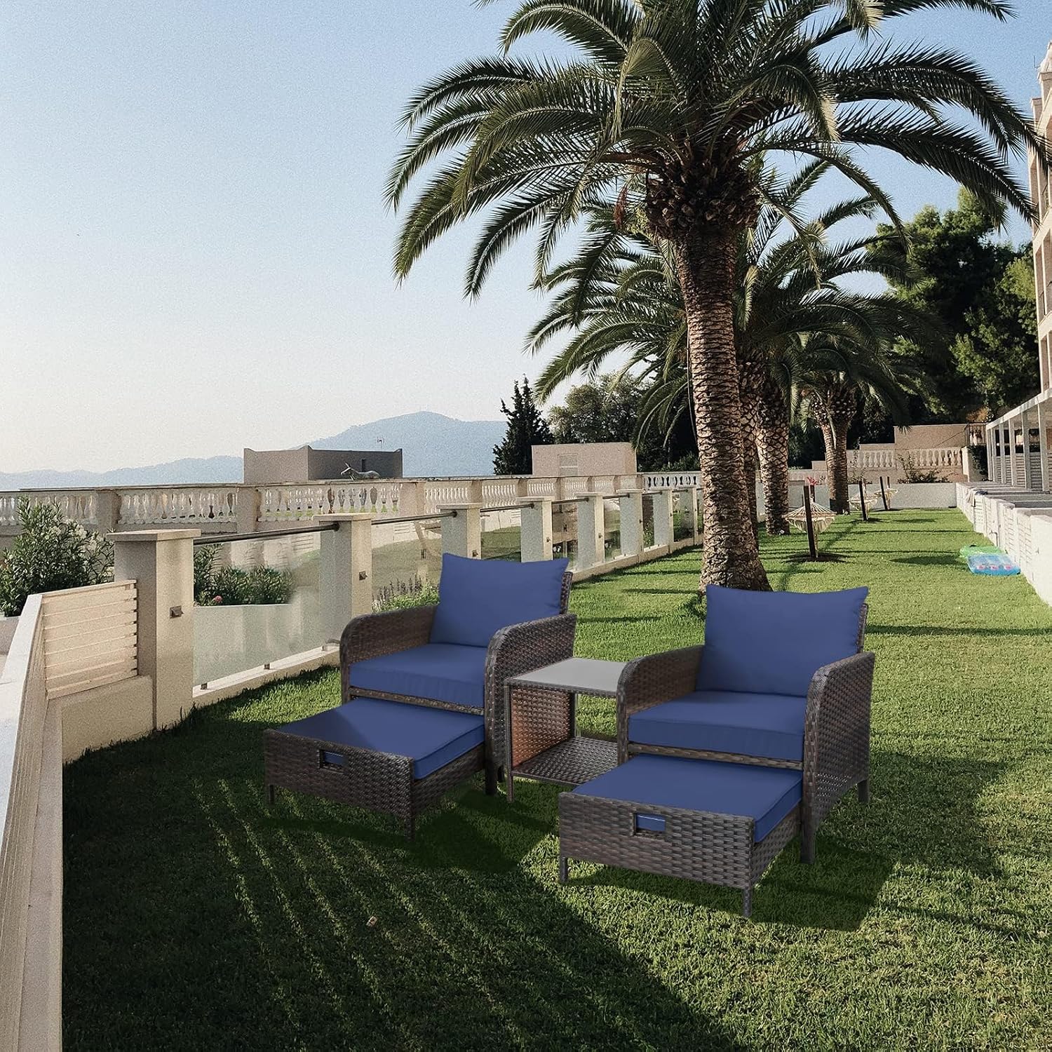 LEVELEVE Balcony Furniture 5 Piece Patio Conversation Set, PE Wicker Rattan Outdoor Lounge Chairs with Soft Cushions 2 Ottoman&Glass Table for Porch, Lawn-Brown Wicker