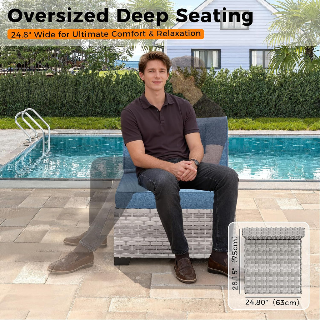 6-Seat Modern Outdoor Wicker Rattan Patio Furniture Set with 55,000 BTU Fire Pit Table, Thick 4″ Cushions, All-Weather Dual-Strand Rattan, Rust-Resistant Steel Frame,Navy