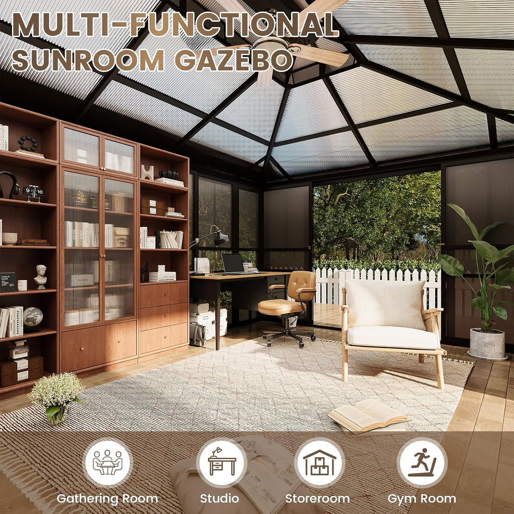 YOLENY 10x12 Sunroom Gazebo, Enclosed Outdoor Solarium with Tinted Polycarbonate Roof, 4 Lockable Sliding Doors & Aluminum Frame, Permanent Hardtop Patio Gazebo for Backyard