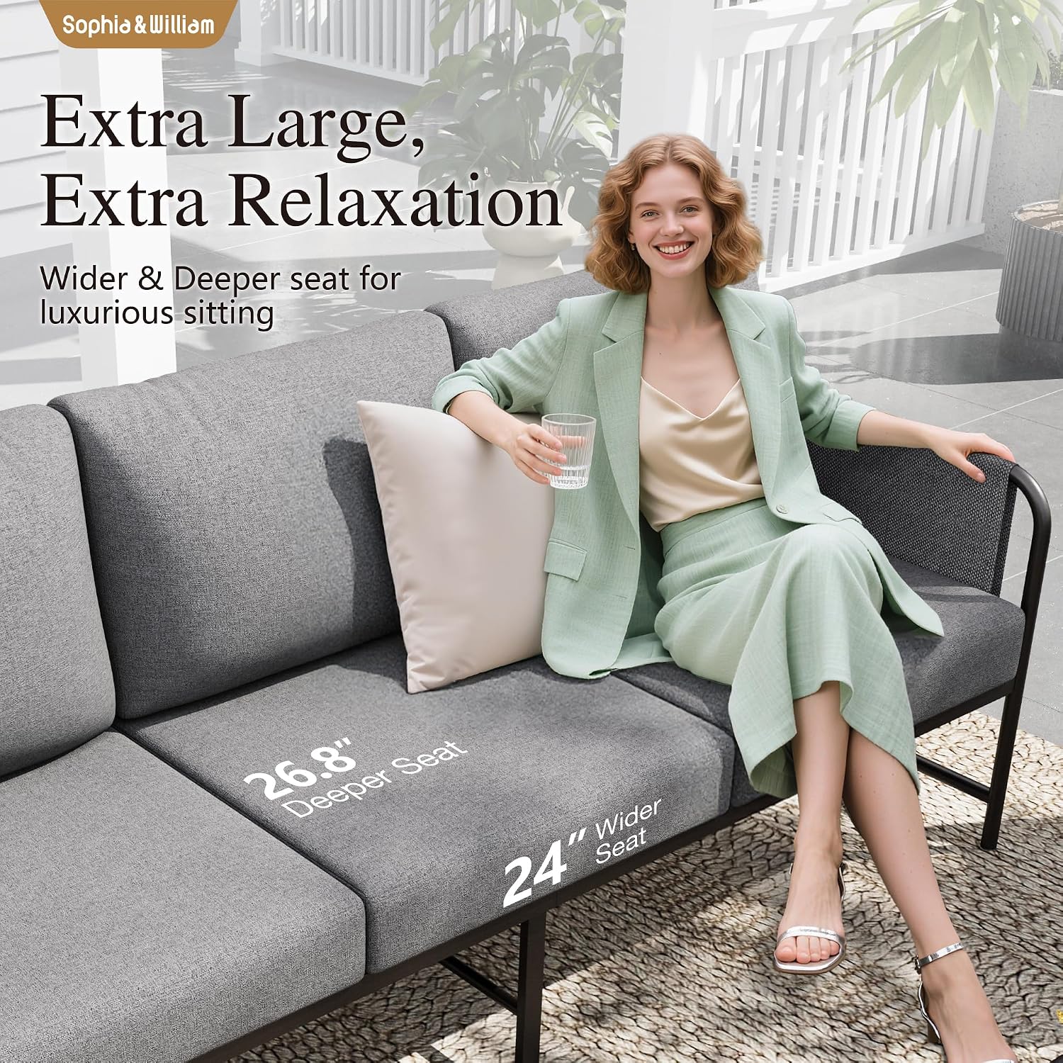Sophia & William Patio Furniture Set, 4-Piece Metal Outdoor Patio Conversation Set with Coffee Table, Outdoor Furniture with Thick Cushion and Large Seat for Deck Backyard Garden Porch Pool