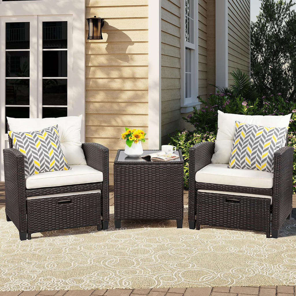Vongrasig Patio Chair with Ottoman, 5 Pieces Patio Furniture Set Small Balcony Furniture, Rattan Patio Chairs Set of 2 with Glass Table for Front Porch Garden (Beige)