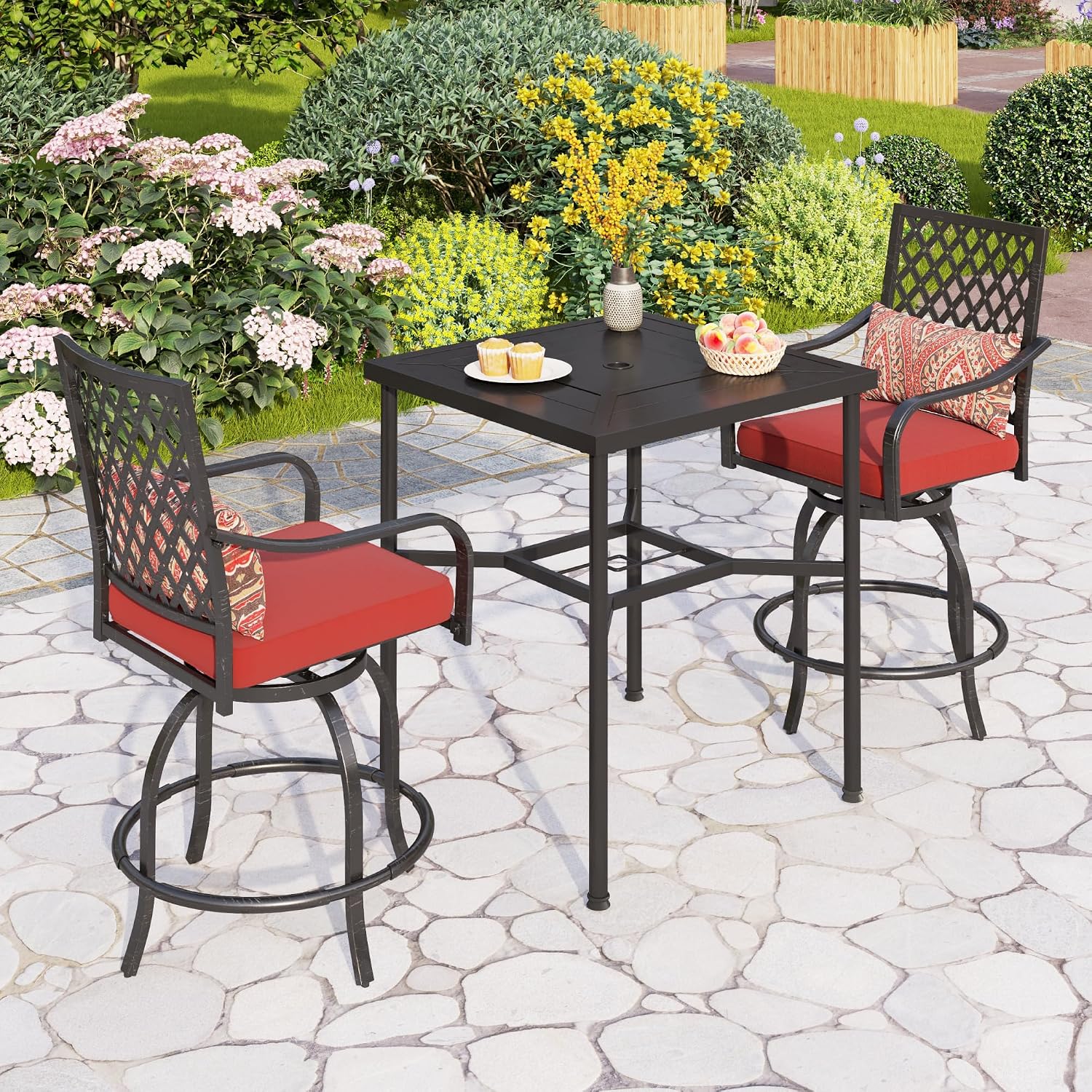 PHI VILLA 5 Piece Outdoor Bar Furniture Set, Counter-Height Patio Bistro Table & Swivel Bar Stools Chairs with Red Cushion for Garden, Backyard, Deck