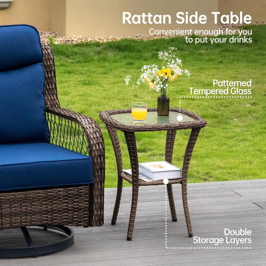 PIZZELLO Outdoor Swivel Chairs 3 Piece Wicker Rocking Chairs Set Patio Furniture Set with Rattan Side Table Rocker Bistro Sets for Outside Porch Backyard (5' Thick Cushions and 25' Full Support Back)