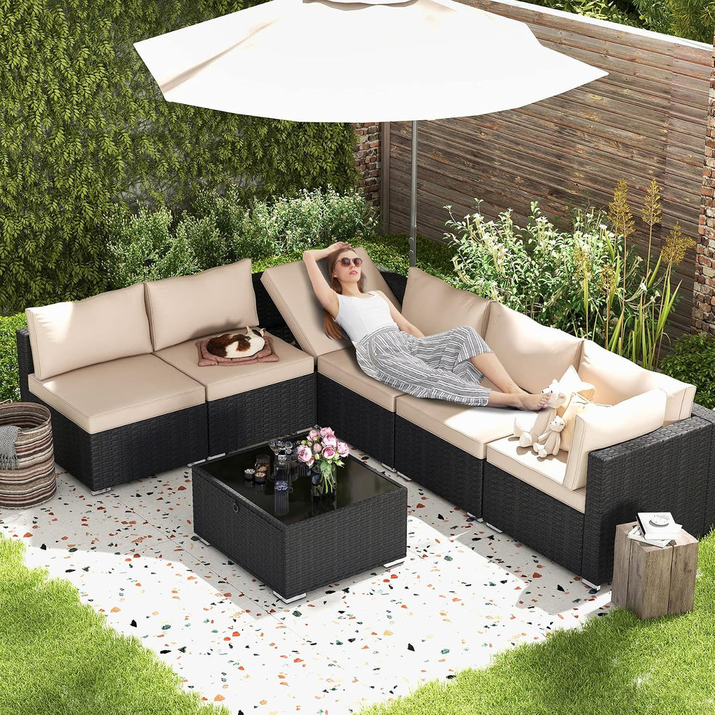 HOMREST 7 Piece Outdoor Patio Furniture, Hand Woven PE Rattan Patio Conversation Sets, Outdoor Sectional Set with Storage Table, Cushions and Pillows, Lift Sofa for Garden, Balcony, Lawn