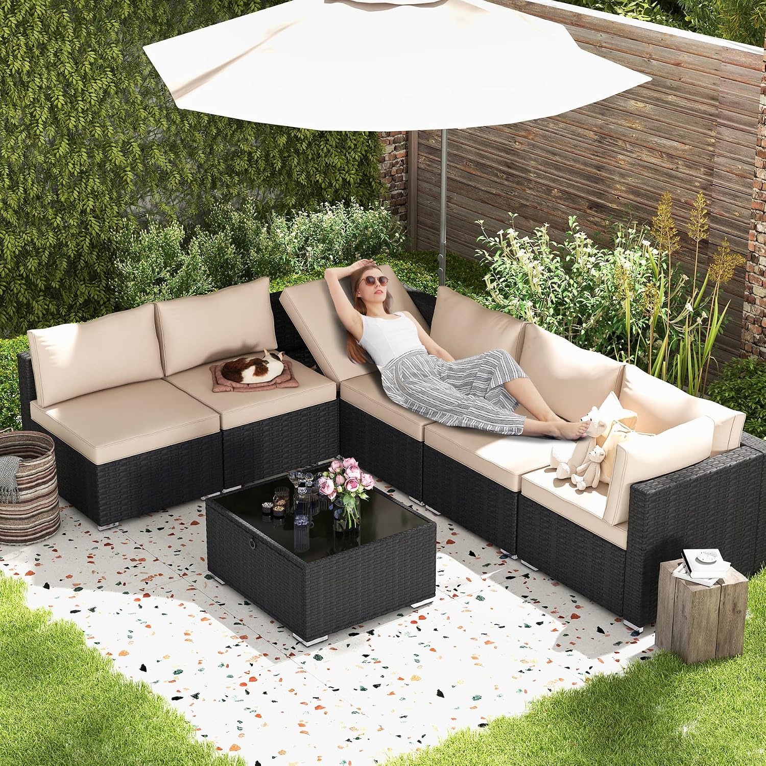 HOMREST 7 Piece Outdoor Patio Furniture, Hand Woven PE Rattan Patio Conversation Sets, Outdoor Sectional Set with Storage Table, Cushions and Pillows, Lift Sofa for Garden, Balcony, Lawn