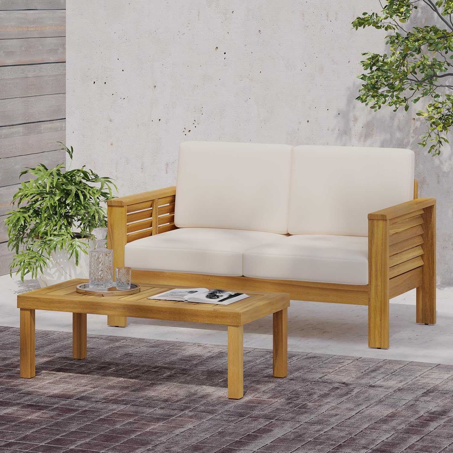 Merax Outdoor Acacia Wood Loveseat and Coffee Table Patio Conversation Set with Cushions for Backyard