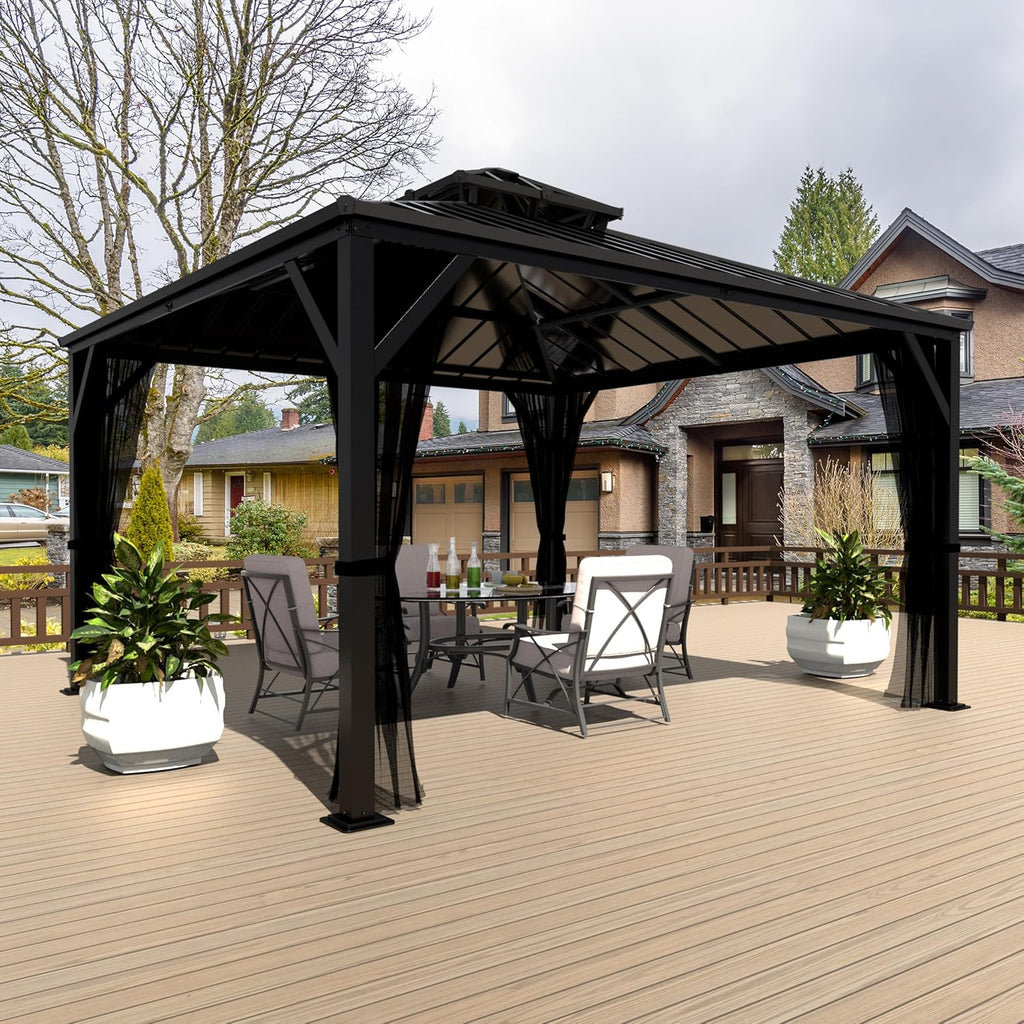 Yardenaler 10x10 FT Hardtop Gazebo Canopy with Double Galvanized Steel Roof, Permanent Outdoor Pavilion with Mesh Netting for Patio. Garden, Backyard, Black