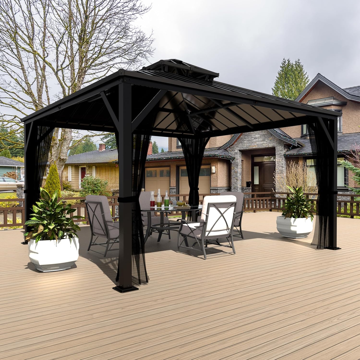Yardenaler 10x10 FT Hardtop Gazebo Canopy with Double Galvanized Steel Roof, Permanent Outdoor Pavilion with Mesh Netting for Patio. Garden, Backyard, Black