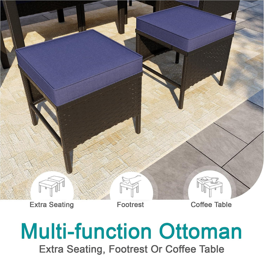 7-Piece Patio Furniture Set, Outdoor Couch with Dining Table & Ottomans, PE Rattan Sofa Set with Cushions for Deck, Yard, Poolside (Blue)