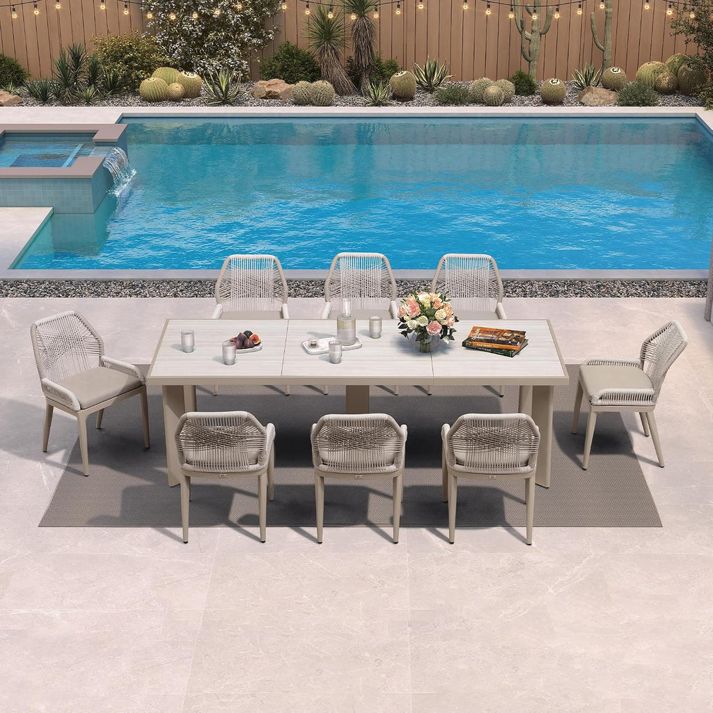 PURPLE LEAF 9 Pieces Patio Dining Set Aluminum Modern Rectangular Table and Wicker Chairs with Cushions for Kitchen Porch Garden Outdoor Furniture Sets, Champagne