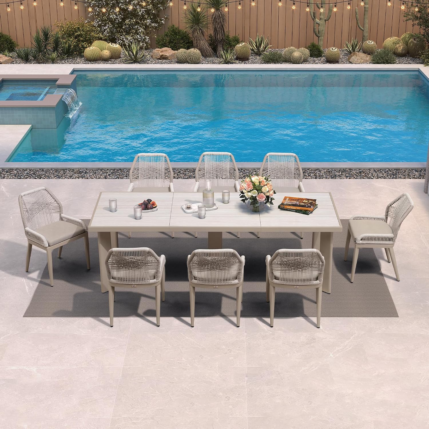 PURPLE LEAF 9 Pieces Patio Dining Set Aluminum Modern Rectangular Table and Wicker Chairs with Cushions for Kitchen Porch Garden Outdoor Furniture Sets, Champagne