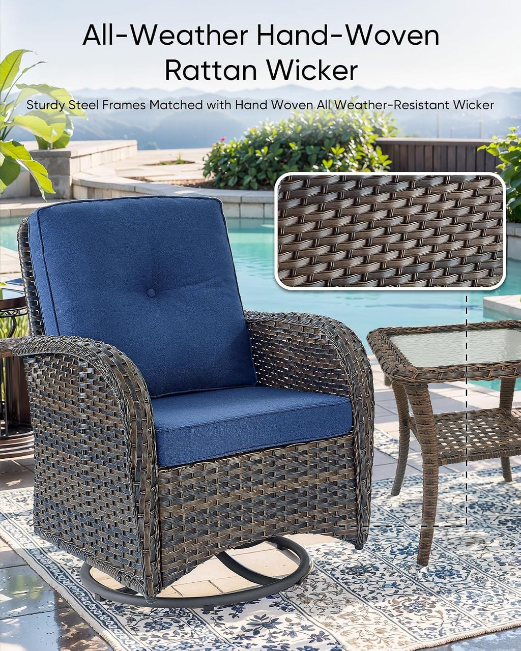 HUMMUH Outdoor Swivel Chairs,3 Pieces Patio Furniture Set with 360 Degree Wicker Swivel Rocking Chairs and Side Table for Garden,Porch,Backyard (Brown/Blue)