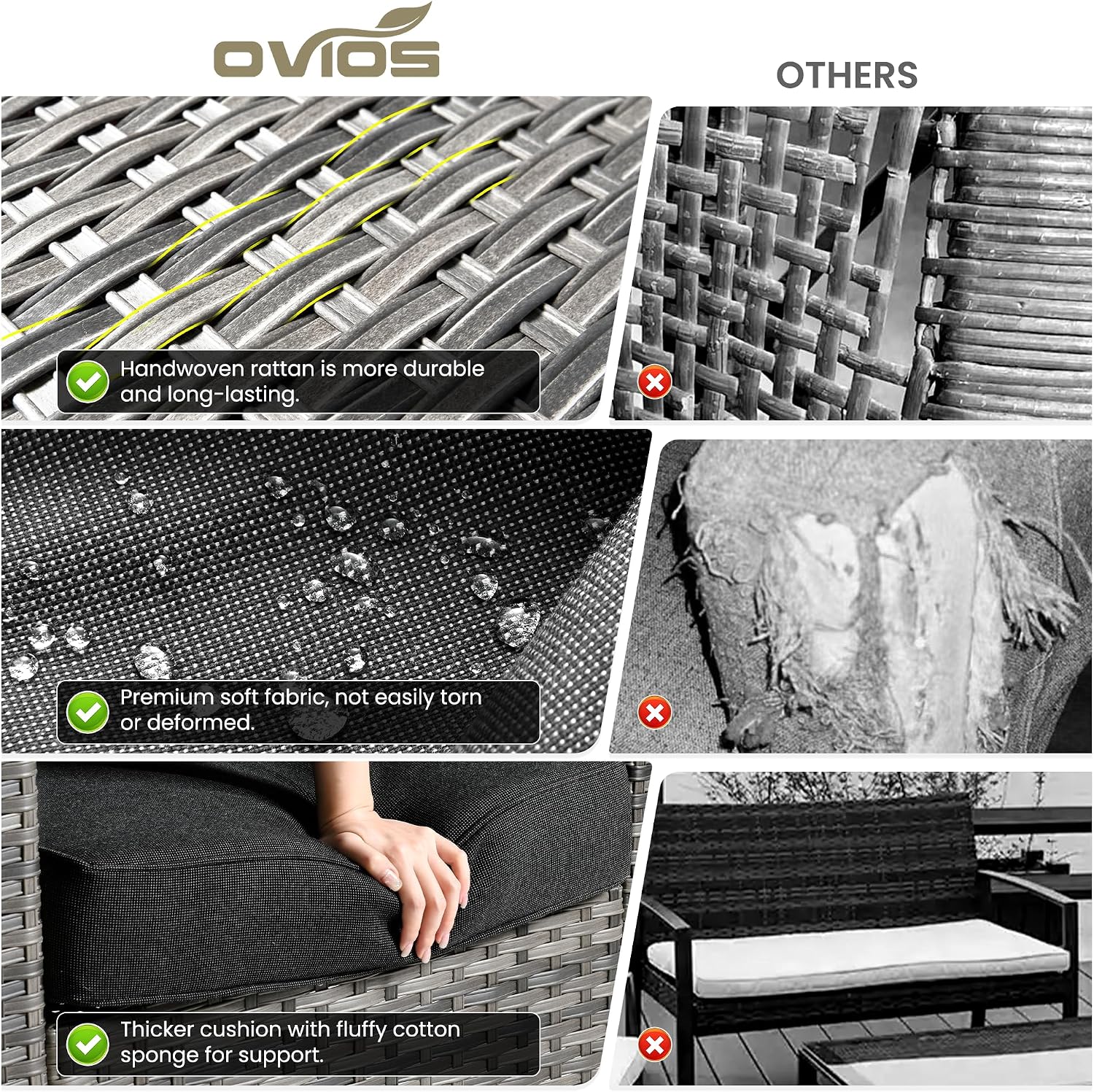 ovios 6 Pieces Patio Furniture Set, Outdoor Wicker Sofa Couch with Swivel Chairs, Rocking Glider Rocker with Comfy Cushions All Weather Rattan Conversation Set, Black