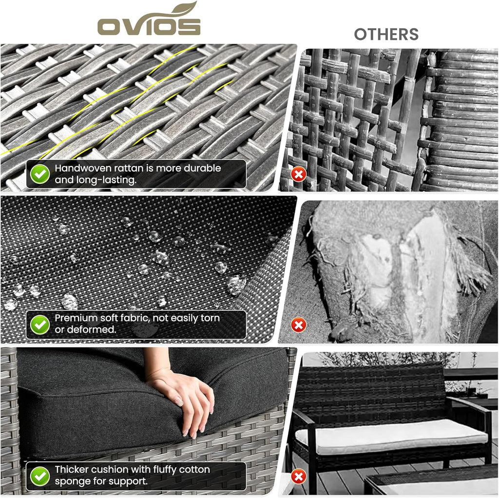 ovios 7 Pieces Patio Furniture Set with 54' Fire Pit Table, Outdoor Wicker Sofa with Comfy Cushions, All Weather High Back Rattan Couch Conversation Set, Black