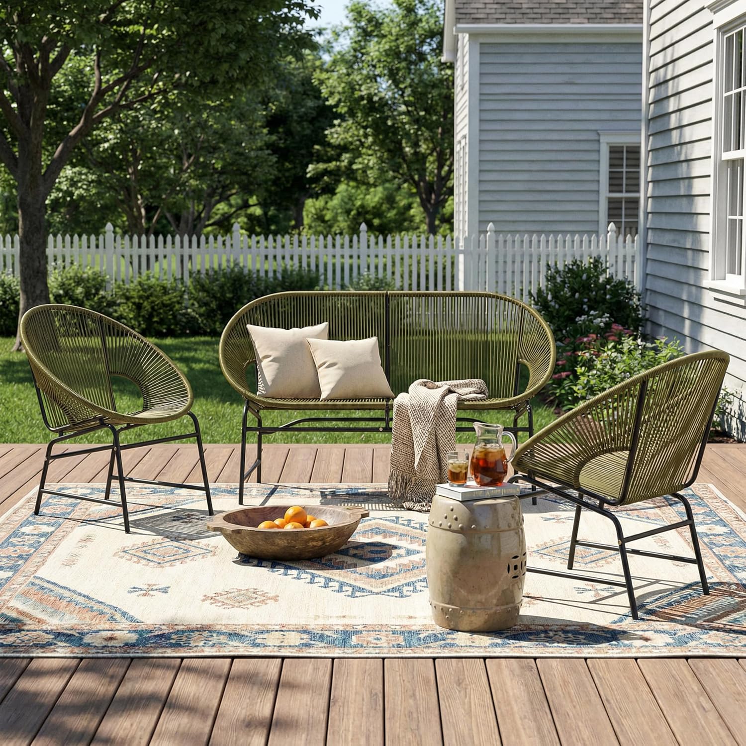 Christopher Knight Home Dessa 3 Piece Patio Furniture Set, Patio Wicker Accent Chair Set of 2 and Loveseat, Metal Frame 4 Seater Outdoor Papasan Lounge Chair Set, PE Rattan Outdoor Bistro Set, Green