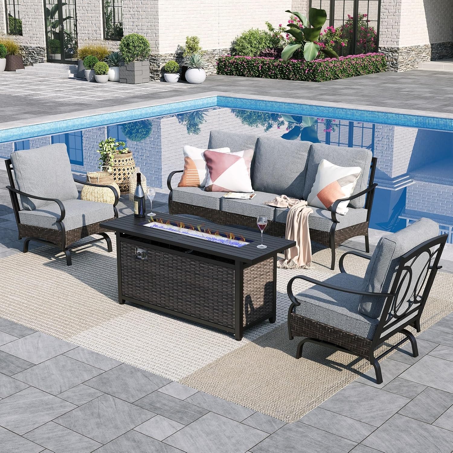 Sophia & William Patio Furniture Set with Fire Pit Table, 4 PCS Metal Outdoor Conversation Set with Fire Pit Table, 2 Sofa Chairs,3-Seater Couch for Outdoor Seating, Backyard, Porch(Grey)