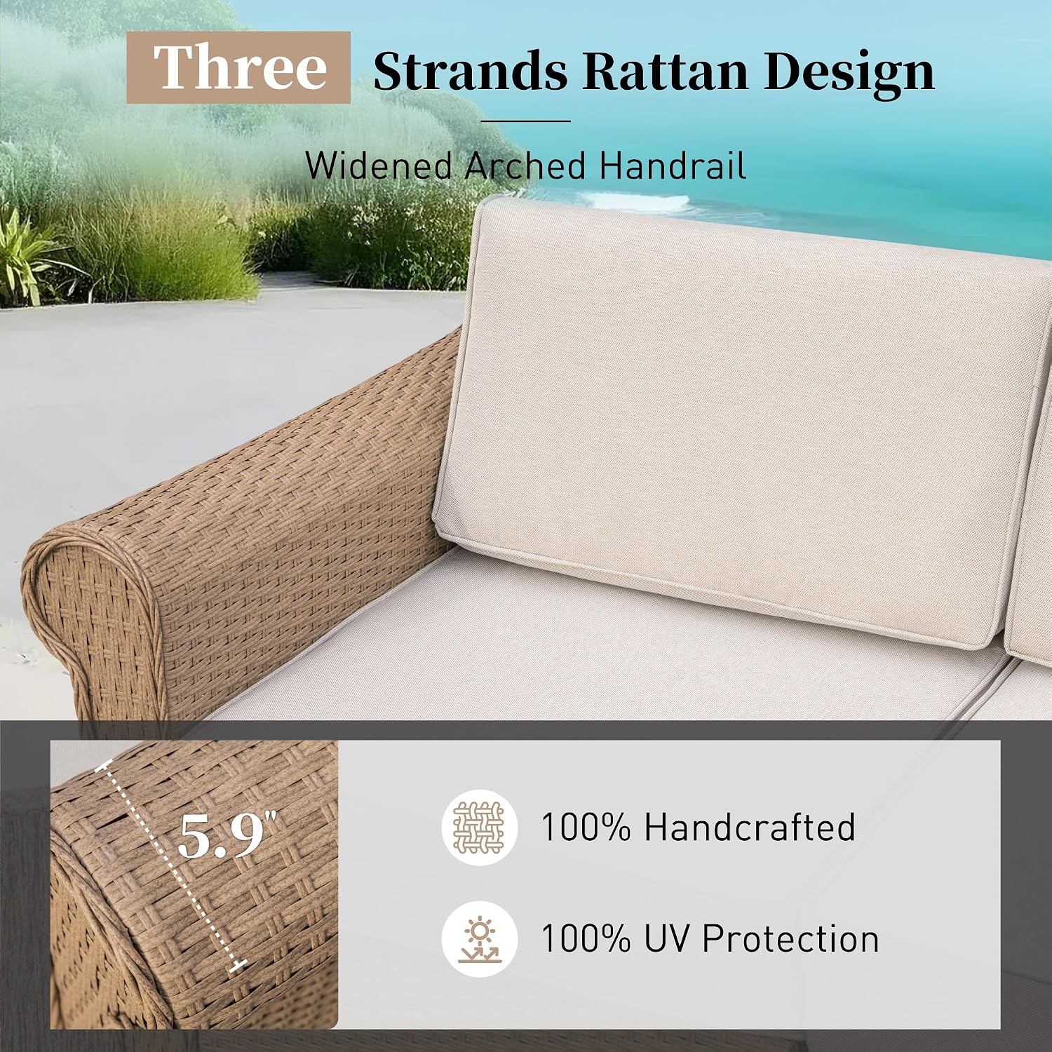 SUNSHINE VALLEY Patio Furniture Set, Wicker Outdoor Furniture Sectional Sofa with Fire Pit Table, 7 Seats Patio Conversation Set with 5.5' Thick Cushion for Garden Deck Backyard, Beige