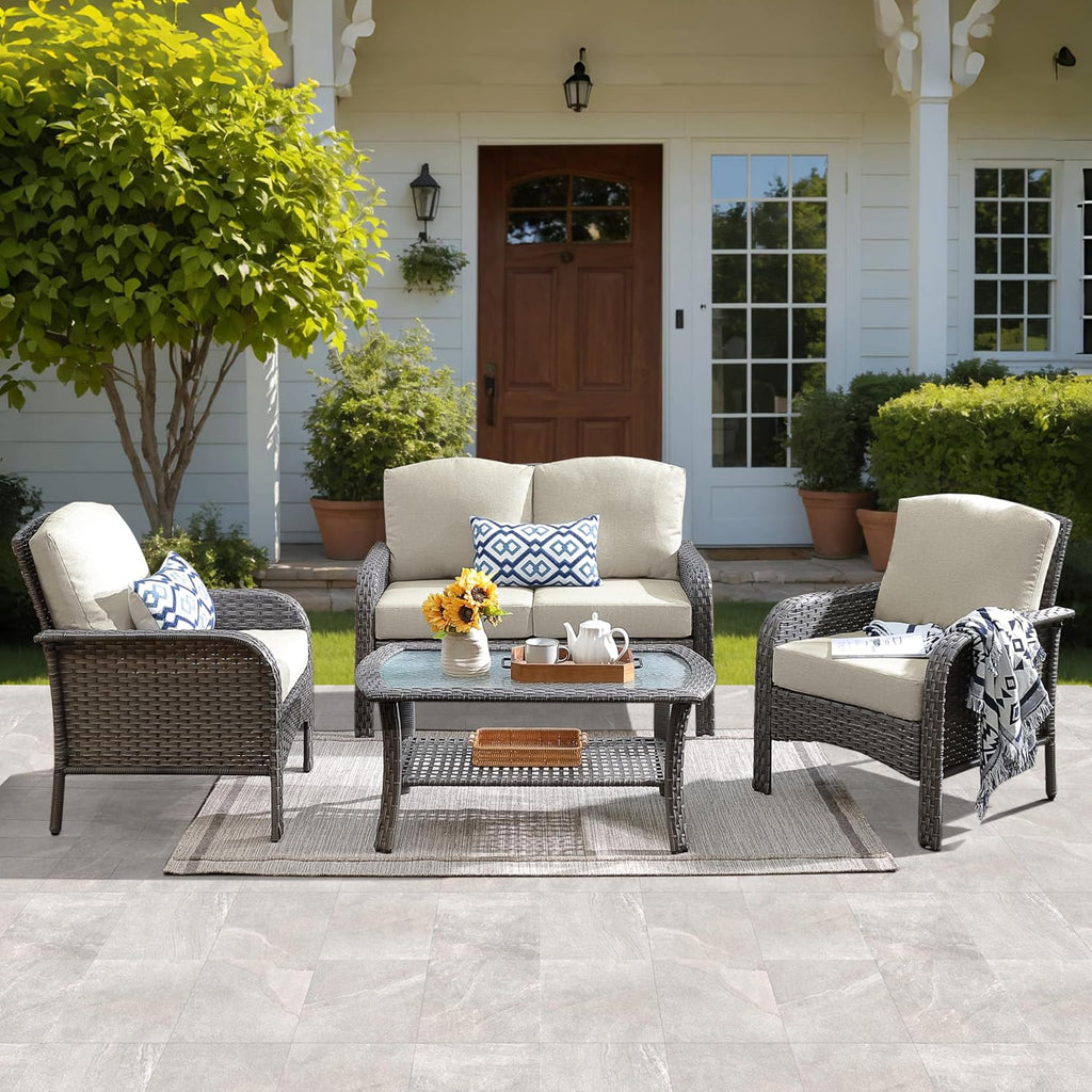 ovios 4-Piece Patio Furniture Set, Outdoor Wicker Sofa with Chairs Coffee Table, High Back Rattan Couch Loveseat with Comfy Cushions for Porch Yard Deck, Beige