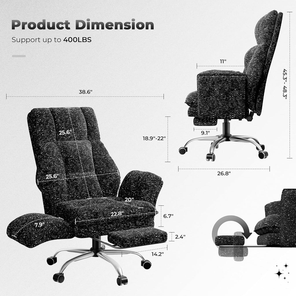 HOMRELEXA Big and Tall Office Chair, Flip Armrests for Pets & Cross Legged Sitting, Executive Ergonomic Computer Gaming Chair with Foot Rest, Gliter Fabric Wide Seat Reclining Desk Chair