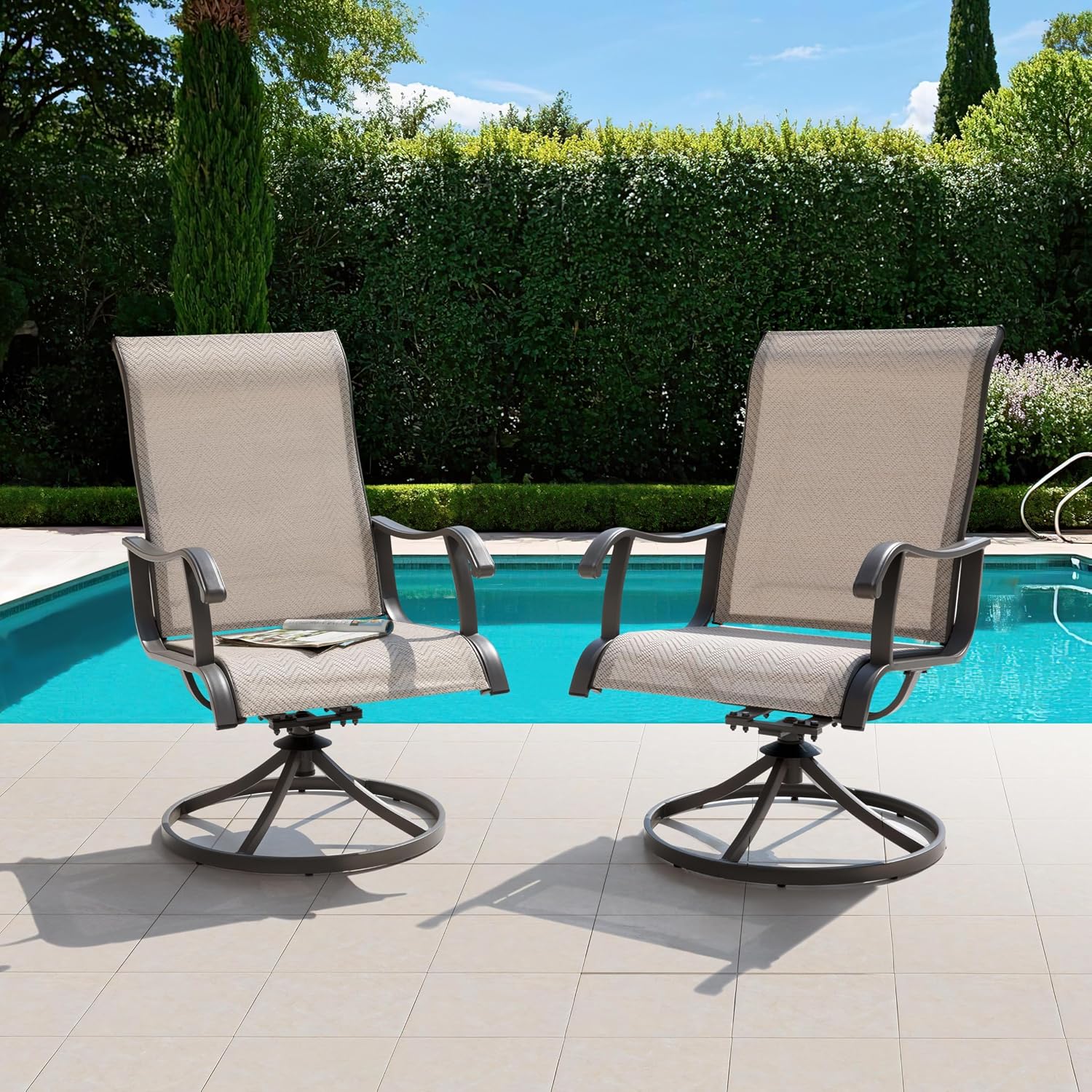 NUU GARDEN Patio Swivel Chairs Set of 2, Outdoor Dining Chairs with Armrests, Swivel Textilene Patio Dining Chair for All Weather, with Metal Frame, for Garden, Backyard, Deck, Poolside, Beige