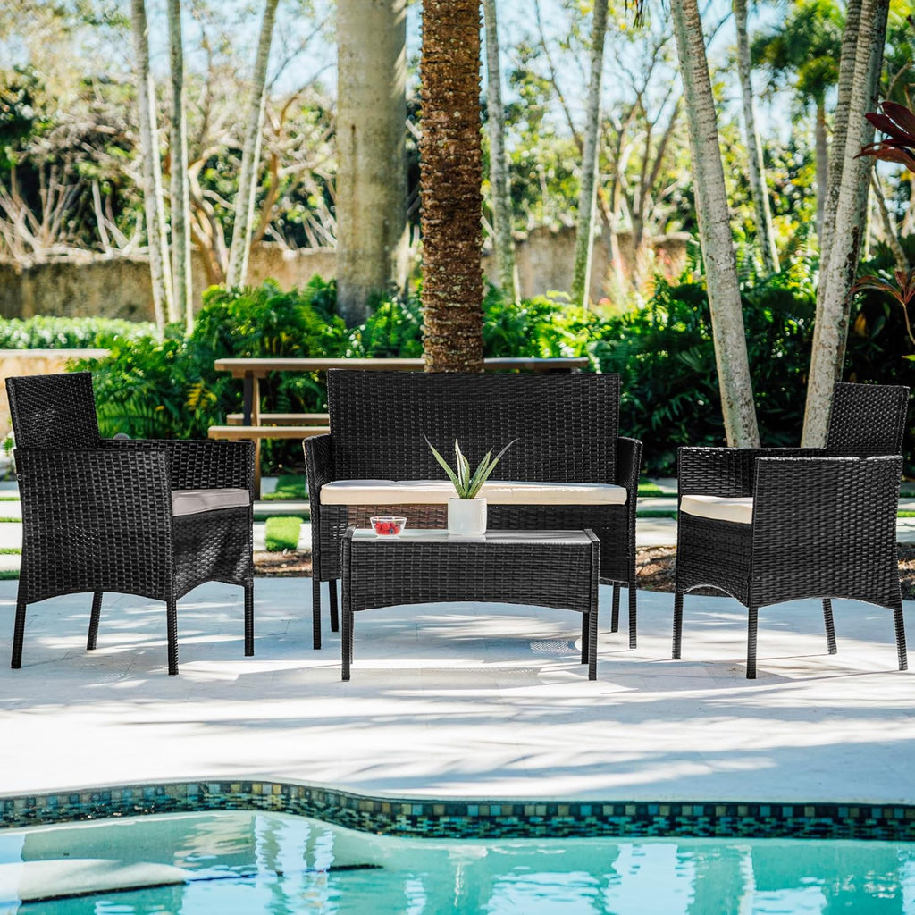 Nestl Wicker Patio Furniture - 4 Piece Outdoor Set with 2 Chairs, Loveseat, Glass Top Coffee Table, Perfect for Backyard, Pool or Front Porch (Black/Beige)