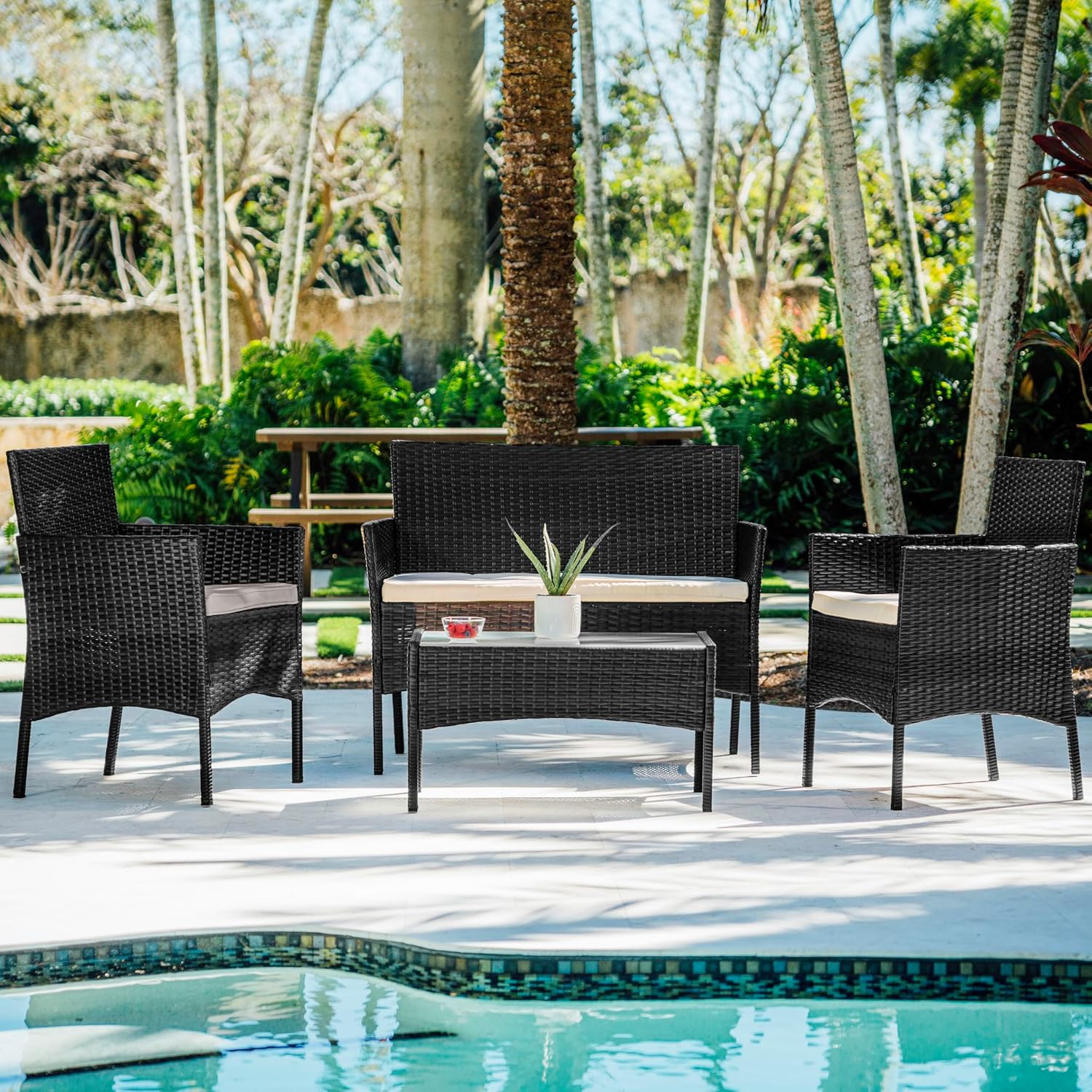 Nestl Wicker Patio Furniture - 4 Piece Outdoor Set with 2 Chairs, Loveseat, Glass Top Coffee Table, Perfect for Backyard, Pool or Front Porch (Black/Beige)