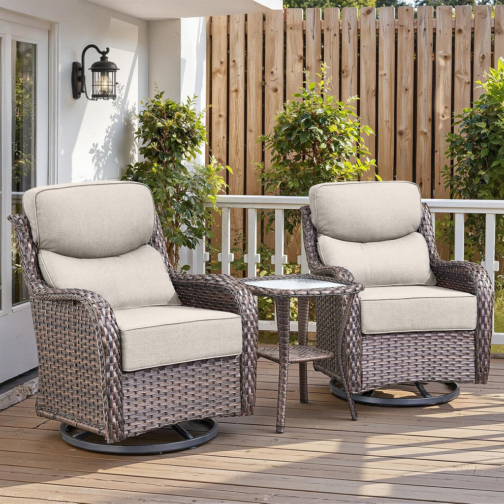 Belord Luxury 6' Thick Cushioned Outdoor Swivel Rocker Patio Chairs with Side Table, High Back Wicker Furniture Set with Ergonomic Zone Back, Conversation Glider Set for Deck Porch - Brown+Beige