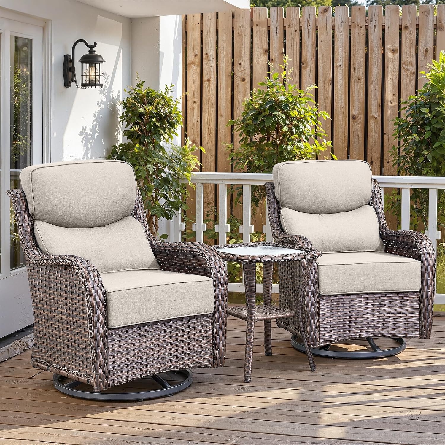Belord Luxury 6' Thick Cushioned Outdoor Swivel Rocker Patio Chairs with Side Table, High Back Wicker Furniture Set with Ergonomic Zone Back, Conversation Glider Set for Deck Porch - Brown+Beige