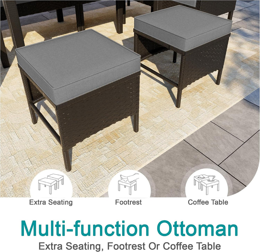 7-Piece Patio Furniture Set, Outdoor Conversation Set with Dining Table & Ottomans, PE Rattan Sofa Set with Throw Pillows and Cushions for Deck Yard Poolside, Gray
