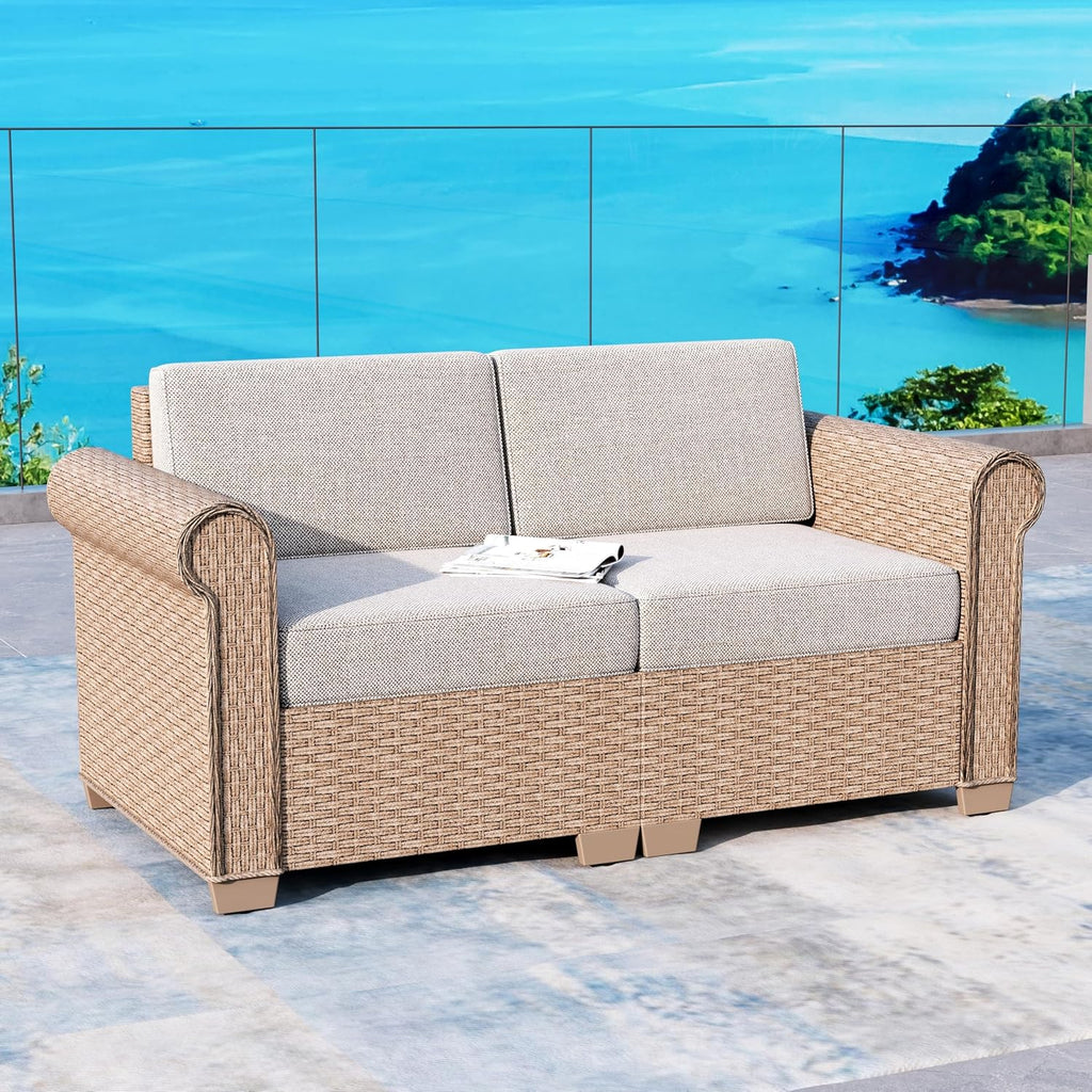 SUNSHINE VALLEY Patio Rattan loveseat, 2-Seat Wicker Rattan Sofa with 5.5' Thick Waterproof Cushions, All Weather Outdoor Conversation Set for Lawn Backyard Garden and Deck, Beige