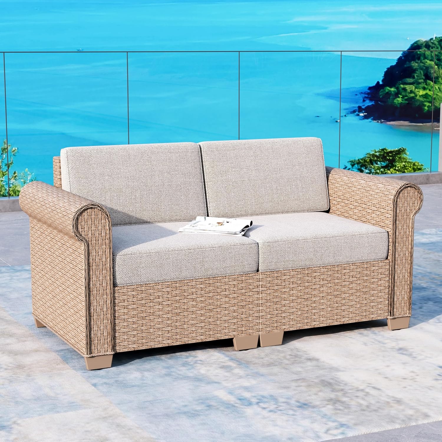 SUNSHINE VALLEY Patio Rattan loveseat, 2-Seat Wicker Rattan Sofa with 5.5' Thick Waterproof Cushions, All Weather Outdoor Conversation Set for Lawn Backyard Garden and Deck, Beige