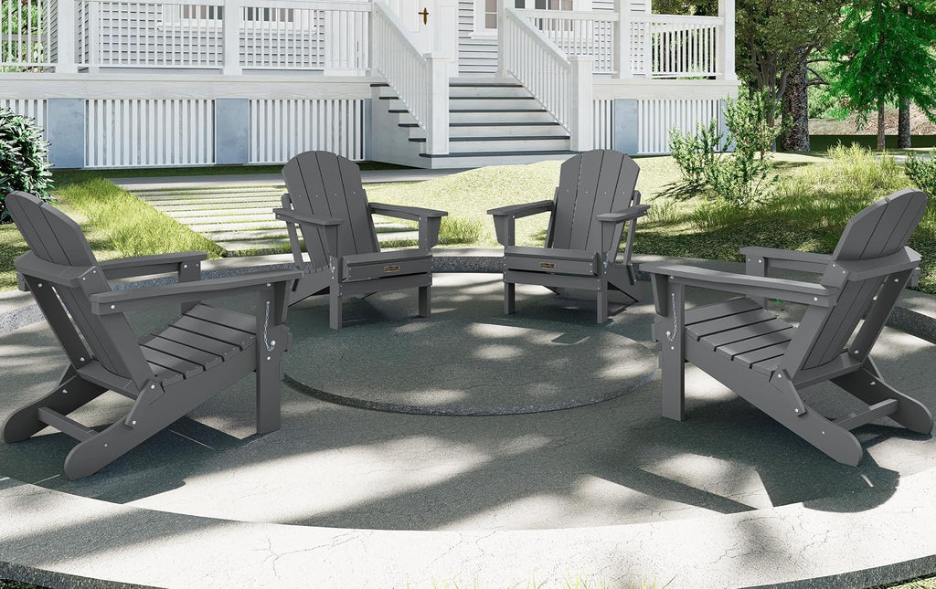 SERWALL Folding Adirondack Chair Set of 6 Weather Resistant Patio Chairs with Wood Texture Fire Pit Chairs- (Folding Gray)
