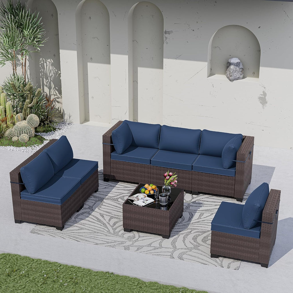 Kurapika 7 Pieces Patio Furniture Set, Rattan Wicker Outdoor Conversation Sets w/4 Inch Cushion and Glass Coffee Table(Navy Blue)