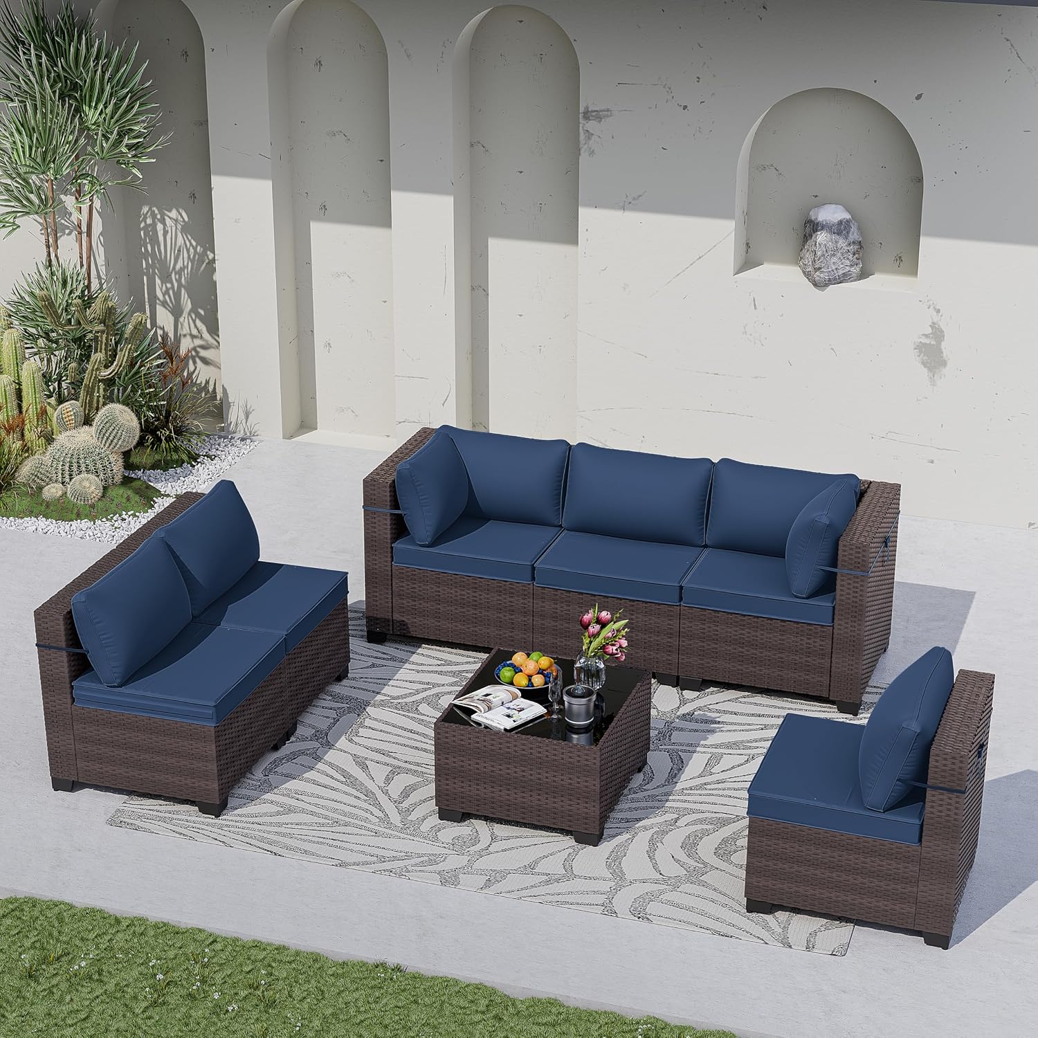 Kurapika 7 Pieces Patio Furniture Set, Rattan Wicker Outdoor Conversation Sets w/4 Inch Cushion and Glass Coffee Table(Navy Blue)