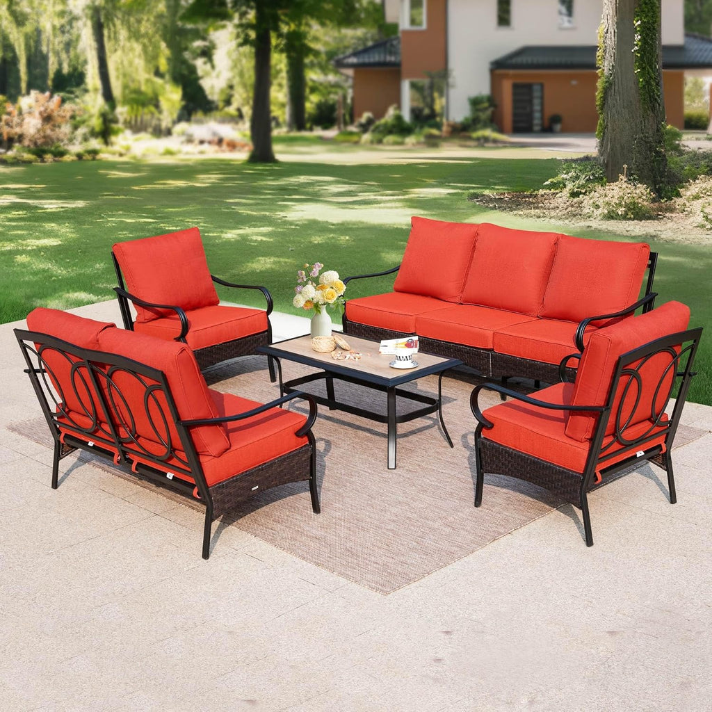 PHI VILLA Outdoor Modern Patio Furniture Set, Upgraded Wicker & Metal Patio Conversation Set with Waterproof Thick Cushions for Porch, Poolside, Yard (5 Pieces,Red)